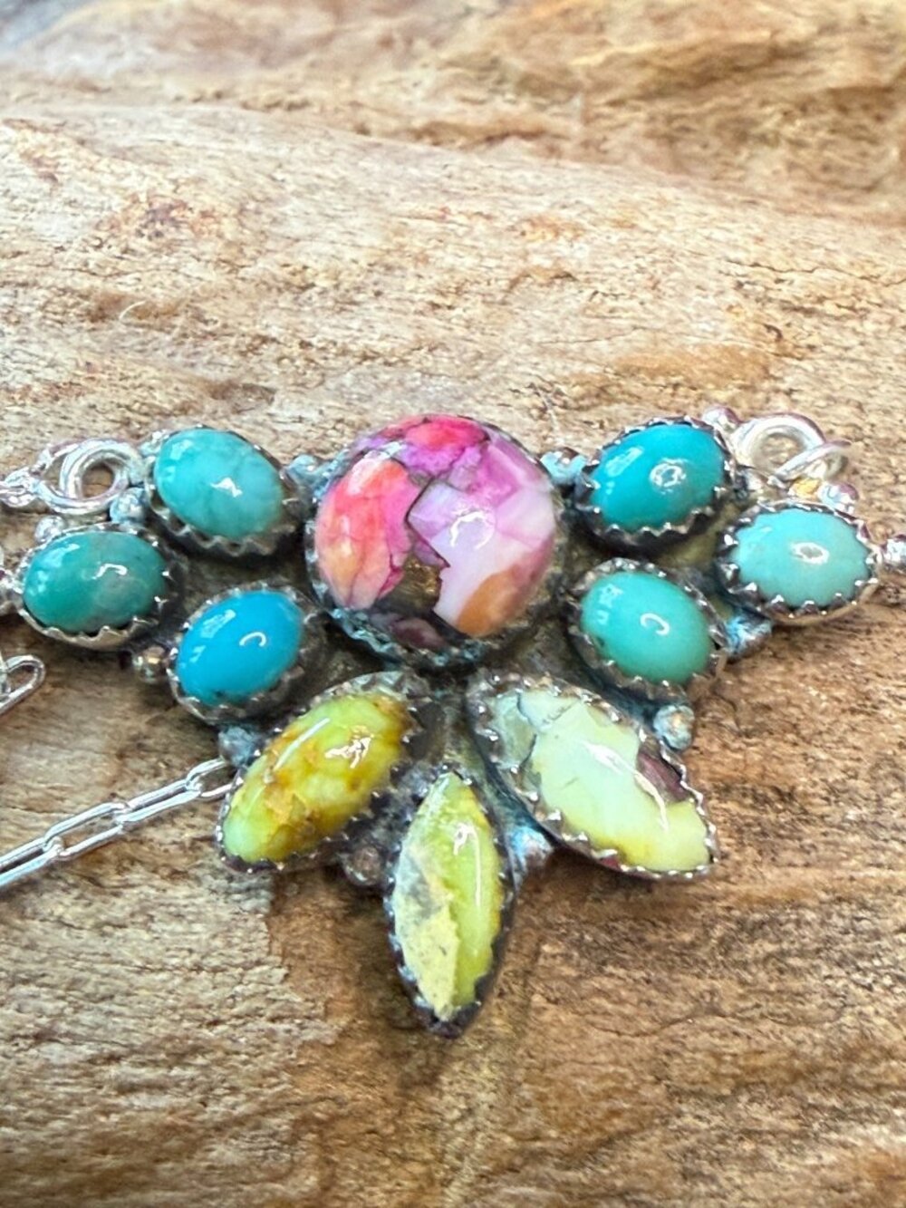 Sterling Silver 16" Necklace With Turquoise & Dahlia  Stones